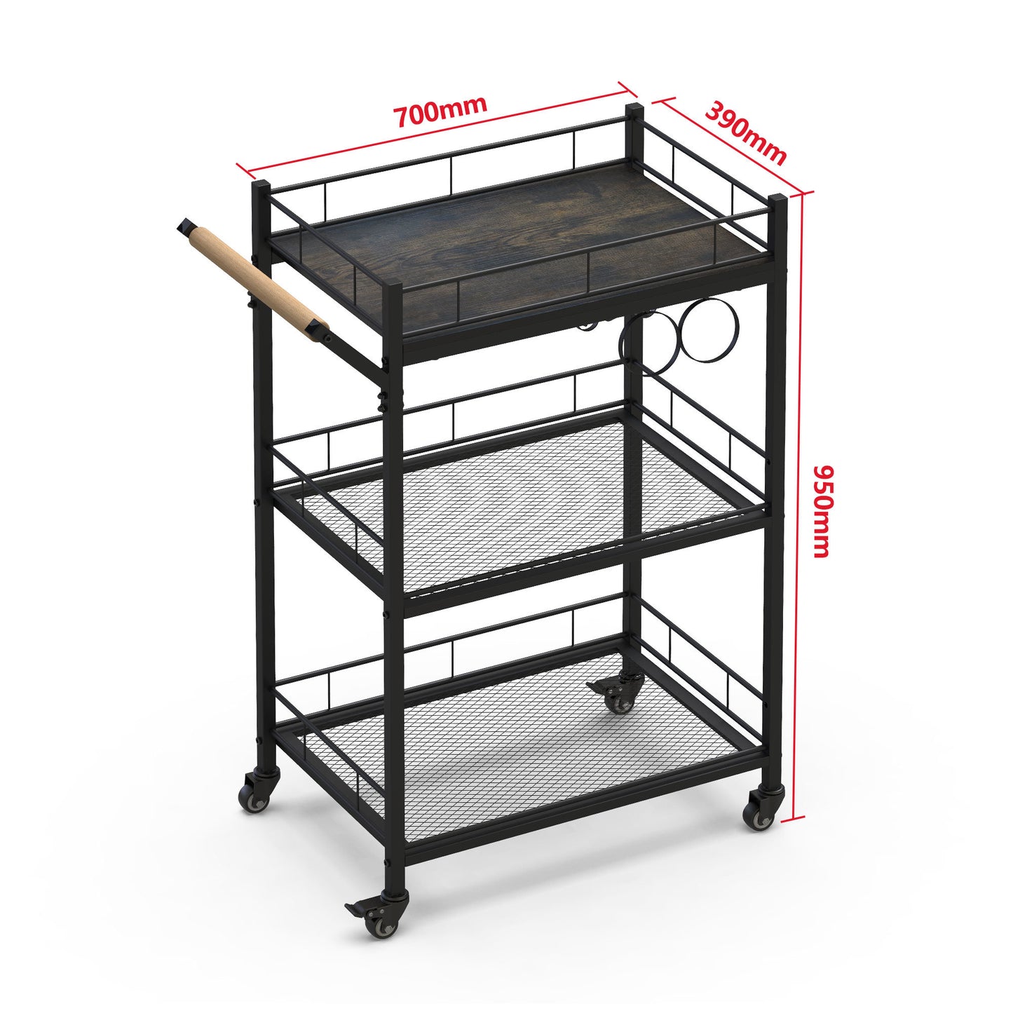 3 Tier Metal Mesh Rolling Storage Cart, Mesh Storage Pantry Cart with Lockable Wheels Wood Look Top and Metal Frame